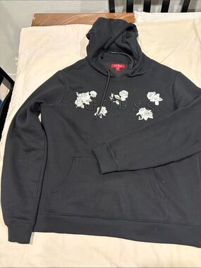GUESS Black Crewneck Hoodie with White Rose Embroidery